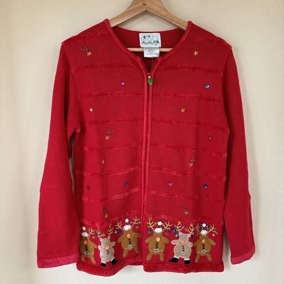 NWT Quacker Factory Red Ramie Christmas Cardigan Velvet Sweater Reindeer Small - Picture 1 of 10